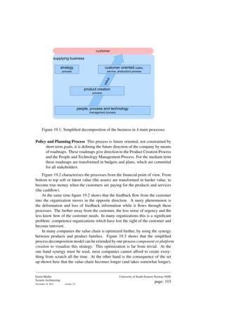 strategy
process
customer
supplying business
v
a
l
u
e
product creation
process
customer oriented (sales,
service, production) process
people, process and technology
management process
Figure 19.1: Simplified decomposition of the business in 4 main processes
Policy and Planning Process This process is future oriented, not constrained by
short term goals, it is defining the future direction of the company by means
of roadmaps. These roadmaps give direction to the Product Creation Process
and the People and Technology Management Process. For the medium term
these roadmaps are transformed in budgets and plans, which are committal
for all stakeholders.
Figure 19.2 characterizes the processes from the financial point of view. From
bottom to top soft or latent value (the assets) are transformed in harder value, to
become true money when the customers are paying for the products and services
(the cashflow).
At the same time figure 19.2 shows that the feedback flow from the customer
into the organization moves in the opposite direction. A nasty phenomenon is
the deformation and loss of feedback information while it flows through these
processes. The further away from the customer, the less sense of urgency and the
less know how of the customer needs. In many organizations this is a significant
problem: competence organizations which have lost the sight of the customer and
become introvert.
In many companies the value chain is optimized further, by using the synergy
between products and product families. Figure 19.3 shows that the simplified
process decomposition model can be extended by one process component or platform
creation to visualize this strategy. This optimization is far from trivial. At the
one hand synergy must be used, most companies cannot afford to create every-
thing from scratch all the time. At the other hand is the consequence of the set
up shown here that the value chain becomes longer (and takes somewhat longer),
Gerrit Muller
System Architecting
November 18, 2023 version: 0.2
University of South-Eastern Norway-NISE
page: 115
 