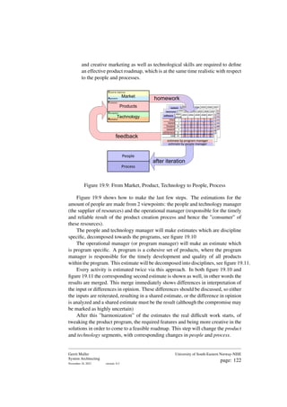 and creative marketing as well as technological skills are required to define
an effective product roadmap, which is at the same time realistic with respect
to the people and processes.
system 2003 2004 2005 2006 2007
Orion
Gemini
Scorpion
research
maintenance
total
estimate by people manager
estimate by program manager
2 3 5 10 20
3 5 6 8 10
10 30 50 40 30
10 20 40 20 10
80 60 30 20 15
70 50 20 5 5
10 11 12 13 15
10 11 12 13 15
30 35 40 42 44
40 50 50 55 55
132 139 137 125 124
133 136 128 101 95
2002
actual
83
1
2
54
4
22
electronics 2003 2004 2005 2006 2007
Orion
Gemini
Scorpion
research
maintenance
total
estimate by people manager
estimate by program manager
2 3 5 10 20
3 5 6 8 10
10 30 50 40 30
10 20 40 20 10
80 60 30 20 15
70 50 20 5 5
10 11 12 13 15
10 11 12 13 15
30 35 40 42 44
40 50 50 55 55
132 139 137 125 124
133 136 128 101 95
2002
actual
83
1
2
54
4
22
Conceptual
Realization
Functional
Customer objectives
Application
Market
Products
Technology
homework
feedback
People
Process
after iteration
software 2003 2004 2005 2006 2007
Orion
Gemini
Scorpion
research
maintenance
total
estimate by people manager
estimate by program manager
2 3 5 10 20
3 5 6 8 10
10 30 50 40 30
10 20 40 20 10
80 60 30 20 15
70 50 20 5 5
10 11 12 13 15
10 11 12 13 15
30 35 40 42 44
40 50 50 55 55
132 139 137 125 124
133 136 128 101 95
2002
actual
83
1
2
54
4
22
Figure 19.9: From Market, Product, Technology to People, Process
Figure 19.9 shows how to make the last few steps. The estimations for the
amount of people are made from 2 viewpoints: the people and technology manager
(the supplier of resources) and the operational manager (responsible for the timely
and reliable result of the product creation process and hence the ”consumer” of
these resources).
The people and technology manager will make estimates which are discipline
specific, decomposed towards the programs, see figure 19.10
The operational manager (or program manager) will make an estimate which
is program specific. A program is a cohesive set of products, where the program
manager is responsible for the timely development and quality of all products
within the program. This estimate will be decomposed into disciplines, see figure 19.11.
Every activity is estimated twice via this approach. In both figure 19.10 and
figure 19.11 the corresponding second estimate is shown as well, in other words the
results are merged. This merge immediately shows differences in interpretation of
the input or differences in opinion. These differences should be discussed, so either
the inputs are reiterated, resulting in a shared estimate, or the difference in opinion
is analyzed and a shared estimate must be the result (although the compromise may
be marked as highly uncertain)
After this ”harmonization” of the estimates the real difficult work starts, of
tweaking the product program, the required features and being more creative in the
solutions in order to come to a feasible roadmap. This step will change the product
and technology segments, with corresponding changes in people and process.
Gerrit Muller
System Architecting
November 18, 2023 version: 0.2
University of South-Eastern Norway-NISE
page: 122
 