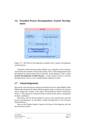 1.6 Extended Process Decomposition; Generic Develop-
ments
customer
Customer-Oriented Process
sales logistics production service
presales
Product Creation Process
Policy and
Planning Process
People, Process, and Technology Management Process
Generic Developments
Creation Process
generics
People
Technology
Process
People
Technology
Process
People
Technology
Process
Product
Needs
and
feedback
Information
Order
Product
$$
Support
Budget,
plan
Product
roadmap
Needs
and
Feedback
Technical
Product
Documentation
Product-related
processes
Product
generics
roadmap
Budget,
plan
Business
Drivers
Customer
Roadmap
Technology,
Process,
and
People
roadmaps
Budgets
$$
material
Figure 1.5: The Process Decomposition extended with a generic developments
creation process
Companies which develop product families try to capitalize on the common-
ality between the members of the product family. This is often implemented by the
development of common subsystems or functions. In the diagram 1.5 this is called
Generic Developments Creation Process. A wide variety of names is used for
this phenomena, such as re-use, standard design, platform et cetera.
1.7 Acknowledgements
Discussions with and critical comments from Rard de Leeuw, Jürgen Müller, Henk
Obbink, Ben Pronk and Jan Statius Muller helped to shape, to improve the structure
and to sharpen the contents of the article "Positioning the System Architecture
Process". This intermezzo is based on the first sections of this article. I am grateful
for their contribution.
Discussion with Ab Pasman helped to remove some architect bias from the
process decomposition, by providing a further decomposition of the Customer
Oriented Process.
Jaap van der Heijden helped to improve the layout of the diagrams and with
the document structure.
Gerrit Muller
System Architecting
November 18, 2023 version: 1.0
USN-SE
page: 7
 