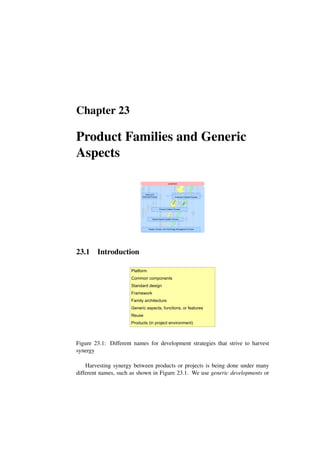 Chapter 23
Product Families and Generic
Aspects
sales logistics production service
presales
information
order
product
$$
support
Needs
and
feedback
Technical
product
Documentation
Customer
roadmap
Business
drivers
product
roadmap
Technology,
Process
and
People
roadmaps
people
Technology
Process
Budgets
budget,
plan
Product
related
processes
people
Technology
Process
people
Technology
Process
product,
generics
roadmap
budget,
plan
generics
V
a
lu
e
F
e
e
d
b
a
c
k
Customer-Oriented Process
$$
sales logistics production service
presales
Product Creation Process
Policy and
Planning Process
People, Process, and Technology Management Process
Shared Assets Creation Process
customer
Product
Needs
and
feedback
material
Needs
&
feedback
Needs
&
feedback
23.1 Introduction
Platform
Common components
Standard design
Framework
Family architecture
Generic aspects, functions, or features
Reuse
Products (in project environment)
Figure 23.1: Different names for development strategies that strive to harvest
synergy
Harvesting synergy between products or projects is being done under many
different names, such as shown in Figure 23.1. We use generic developments or
 