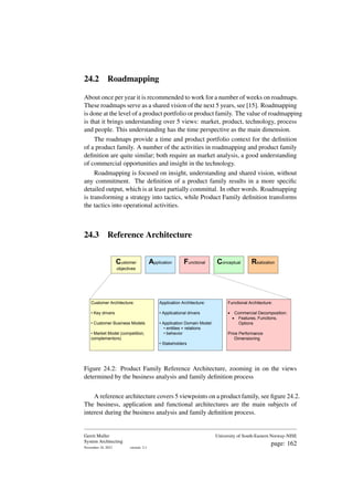 24.2 Roadmapping
About once per year it is recommended to work for a number of weeks on roadmaps.
These roadmaps serve as a shared vision of the next 5 years, see [15]. Roadmapping
is done at the level of a product portfolio or product family. The value of roadmapping
is that it brings understanding over 5 views: market, product, technology, process
and people. This understanding has the time perspective as the main dimension.
The roadmaps provide a time and product portfolio context for the definition
of a product family. A number of the activities in roadmapping and product family
definition are quite similar; both require an market analysis, a good understanding
of commercial opportunities and insight in the technology.
Roadmapping is focused on insight, understanding and shared vision, without
any commitment. The definition of a product family results in a more specific
detailed output, which is at least partially committal. In other words. Roadmapping
is transforming a strategy into tactics, while Product Family definition transforms
the tactics into operational activities.
24.3 Reference Architecture
Customer Architecture:
• Key drivers
• Customer Business Models
• Market Model (competition,
complementors)
Functional Architecture:
· Commercial Decomposition:
· Features, Functions,
Options
Price Performance
Dimensioning
Application Architecture:
• Applicational drivers
• Application Domain Model:
• entities + relations
• behavior
• Stakeholders
Customer
objectives
Application Functional Conceptual Realization
Figure 24.2: Product Family Reference Architecture, zooming in on the views
determined by the business analysis and family definition process
A reference architecture covers 5 viewpoints on a product family, see figure 24.2.
The business, application and functional architectures are the main subjects of
interest during the business analysis and family definition process.
Gerrit Muller
System Architecting
November 18, 2023 version: 2.1
University of South-Eastern Norway-NISE
page: 162
 