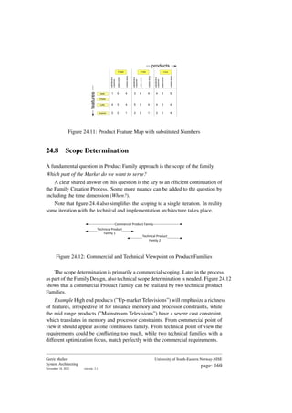 1
4
2
5
3
2
4
4
1
3
5
2
4
3
2
4
4
1
4
4
2
5
3
2
5
4
4
products
features
P1800 P1900 P2200
feeder
buffer
hf feeder
sunpower
satisfaction
customer
sales
price
market
share
satisfaction
customer
sales
price
market
share
satisfaction
customer
sales
price
market
share
Figure 24.11: Product Feature Map with substituted Numbers
24.8 Scope Determination
A fundamental question in Product Family approach is the scope of the family
Which part of the Market do we want to serve?
A clear shared answer on this question is the key to an efficient continuation of
the Family Creation Process. Some more nuance can be added to the question by
including the time dimension (When?).
Note that figure 24.4 also simplifies the scoping to a single iteration. In reality
some iteration with the technical and implementation architecture takes place.
Commercial Product Family
Technical Product
Family 1
Technical Product
Family 2
Figure 24.12: Commercial and Technical Viewpoint on Product Families
The scope determination is primarily a commercial scoping. Later in the process,
as part of the Family Design, also technical scope determination is needed. Figure 24.12
shows that a commercial Product Family can be realized by two technical product
Families.
Example High end products (”Up-market Televisions”) will emphasize a richness
of features, irrespective of for instance memory and processor constraints, while
the mid range products (”Mainstream Televisions”) have a severe cost constraint,
which translates in memory and processor constraints. From commercial point of
view it should appear as one continuous family. From technical point of view the
requirements could be conflicting too much, while two technical families with a
different optimization focus, match perfectly with the commercial requirements.
Gerrit Muller
System Architecting
November 18, 2023 version: 2.1
University of South-Eastern Norway-NISE
page: 169
 