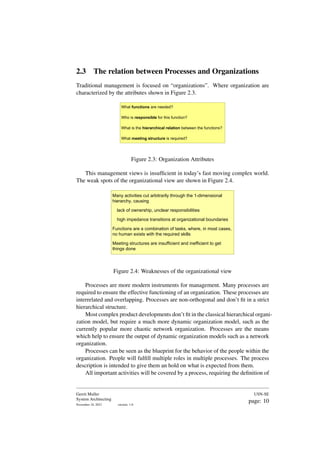 2.3 The relation between Processes and Organizations
Traditional management is focused on “organizations”. Where organization are
characterized by the attributes shown in Figure 2.3.
What functions are needed?
Who is responsible for this function?
What is the hierarchical relation between the functions?
What meeting structure is required?
Figure 2.3: Organization Attributes
This management views is insufficient in today’s fast moving complex world.
The weak spots of the organizational view are shown in Figure 2.4.
Many activities cut arbitrarily through the 1-dimensional
hierarchy, causing
lack of ownership, unclear responsibilities
high impedance transitions at organizational boundaries
Functions are a combination of tasks, where, in most cases,
no human exists with the required skills
Meeting structures are insufficient and inefficient to get
things done
Figure 2.4: Weaknesses of the organizational view
Processes are more modern instruments for management. Many processes are
required to ensure the effective functioning of an organization. These processes are
interrelated and overlapping. Processes are non-orthogonal and don’t fit in a strict
hierarchical structure.
Most complex product developments don’t fit in the classical hierarchical organi-
zation model, but require a much more dynamic organization model, such as the
currently popular more chaotic network organization. Processes are the means
which help to ensure the output of dynamic organization models such as a network
organization.
Processes can be seen as the blueprint for the behavior of the people within the
organization. People will fulfill multiple roles in multiple processes. The process
description is intended to give them an hold on what is expected from them.
All important activities will be covered by a process, requiring the definition of
Gerrit Muller
System Architecting
November 18, 2023 version: 1.0
USN-SE
page: 10
 