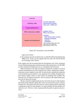 research and development
NRE: outsourcing, royalties
marketing, sales
training sales&service
financing
including:
staff, training, tools, housing
materials, prototypes
overhead
certification
strategic choice:
NRE or per product
business dependent:
pharmaceutics industry
sales cost >> R&D cost
often a standard staffing rate is used
that covers most costs above:
R&D investment = Effort * rate
Figure 28.3: Investments, more than R&D
larger sales volumes
• the company pays the investment, the so called Non Recurring Engineering
(NRE) costs. In this case the supplier takes less risks, but will also benefit
less from larger sales volumes.
If the supplier does the investment than the development costs of the component
are part of the purchasing price and become part of the material price. For the NRE
case the component development costs are a straightforward investment.
Other investments to be made are needed to prepare the company to scale all
customer oriented processes to the expected sales volume, ranging from manufac-
turing and customer support to sales staff. In some business segments the marketing
costs of introducing new products is very significant. For example, the pharmaceu-
tical industry spends 4 times as much money on marketing than on R&D. The
financial costs of making investments, such as interest on the capital being used,
must also be taken into account.
We have started by simplifying the income side to the sales price of the products.
The model can be refined by taking other sources of income into account, as shown
in Figure 28.4. The options and accessories are sold as separate entities, generating
a significant revenue for many products. For many products the base products are
sold with a loss. This loss is later compensated by the profit on options and acces-
sories.
Gerrit Muller
System Architecting
November 18, 2023 version: 1.3
USN-SE
page: 196
 