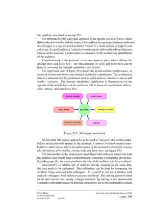 the problems described in section 29.1.
The reference for the individual appraisal is the specific job description, which
defines the deliverables and the timing. Deliverables are a poor performance indicator,
lots of paper is a sign of a bad architect! However a small amount of paper is not
yet a sign of a good architect. Instead of measuring the deliverables the architecture
fitness can be assessed, which in turn is a measure for the architecting contribution
of the architect.
Complementary is the personal career development plan, which defines the
desired skills and know how. The measurement of skills and know how can be
done by assessing the internal stakeholder satisfaction.
The right hand side of figure 29.4 shows the actual architect performance, in
terms of architecture fitness and internal stakeholder satisfaction. The architecture
fitness is characterized by parameters such as sales turnover, business success and
market continuity. The internal stakeholder satisfaction is characterized by the
opinion of the stakeholders of the architects role in terms of contribution, deliver-
ables, timing, skills and know how.
architect
engineer
operational manager
manufacturing, logistics, service
group leader
product manager project leader
colleague architect
Figure 29.5: 360 degree assessment
An informal 360 degree approach can be used to ”measure” the internal stake-
holder satisfaction with respect to the architect. A subset (3 to 6) of internal stake-
holders is interviewed, where the performance of the architect is discussed in terms
of contribution, deliverables, timing, skills and know how, see figure 29.5.
The stakeholders to be interviewed should have had sufficient interaction with
the architect and should have complementary, somewhat overlapping viewpoints.
By asking specific, but open questions, the role of the architect can be articulated.
Assessment is a relative act, in order to provide meaning to the input data,
the data needs to be calibrated. This calibration can be done by comparing the
architect being assessed with colleagues. It is useful to ask for a ranking with
multiple colleagues, both architects and non architects. The ranking question asked
to the interviewees has mostly a trigger function: by forcing a one dimensional
comparison the performance in different dimensions has to be combined in a single
Gerrit Muller
System Architecting
November 18, 2023 version: 0.1
University of South-Eastern Norway-NISE
page: 206
 