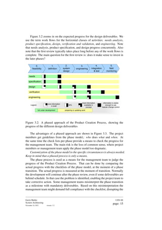 Figure 3.2 zooms in on the expected progress for the design deliverables. We
use the term work flows for the horizontal classes of activities: needs analysis,
product specification, design, verification and validation, and engineering. Note
that needs analysis, product specification, and design progress concurrently. Also
note that the first review typically takes place long before any of the work flows is
complete. The main question for the first review is: does it make sense to invest in
the later phases?
needs
design
verification
engineering
core information
in draft
50%
most information
available in
concept
information is stable
enough to use
heavier change control
Legend:
specification
preparing or updating work
full under development
0.
feasibility
1.
definition
2.
system
design
3.
engineering
4.
integration
& test
5.
field
monitoring
Figure 3.2: A phased approach of the Product Creation Process, showing the
progress of the different design deliverables
The advantages of a phased approach are shown in Figure 3.3. The project
members get guidelines from the phase model,: who does what and when. At
the same time the check lists per phase provide a means to check the progress for
the management team. The main risk is the loss of common sense, where project
members or management team apply the phase model too dogmatic.
Customization of the phase model to the specific circumstances is always needed.
Keep in mind that a phased process is only a means.
The phase process is used as a means for the management team to judge the
progress of the Product Creation Process. That can be done by comparing the
actual progress with the checklists of the phase model, at the moment of a phase
transition. The actual progress is measured at the moment of transition. Normally
the development will continue after the phase review, even if some deliverables are
behind schedule. In that case the problem is identified, enabling the project team to
take corrective action. Some management teams misinterpret the phase transition
as a milestone with mandatory deliverables. Based on this misinterpretation the
management team might demand full compliance with the checklist, disrupting the
Gerrit Muller
System Architecting
November 18, 2023 version: 2.2
USN-SE
page: 15
 