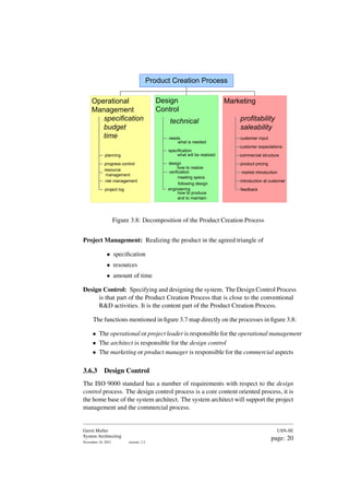 Product Creation Process
Operational
Management
Design
Control
Marketing
specification
budget
time
technical profitability
saleability
needs
specification
design
engineering
what is needed
what will be realized
how to realize
how to produce
and to maintain
customer input
customer expectations
market introduction
introduction at customer
feedback
product pricing
commercial structure
planning
progress control
resource
management
risk management
project log
verification
meeting specs
following design
Figure 3.8: Decomposition of the Product Creation Process
Project Management: Realizing the product in the agreed triangle of
• specification
• resources
• amount of time
Design Control: Specifying and designing the system. The Design Control Process
is that part of the Product Creation Process that is close to the conventional
R&D activities. It is the content part of the Product Creation Process.
The functions mentioned in figure 3.7 map directly on the processes in figure 3.8:
• The operational or project leader is responsible for the operational management
• The architect is responsible for the design control
• The marketing or product manager is responsible for the commercial aspects
3.6.3 Design Control
The ISO 9000 standard has a number of requirements with respect to the design
control process. The design control process is a core content oriented process, it is
the home base of the system architect. The system architect will support the project
management and the commercial process.
Gerrit Muller
System Architecting
November 18, 2023 version: 2.2
USN-SE
page: 20
 
