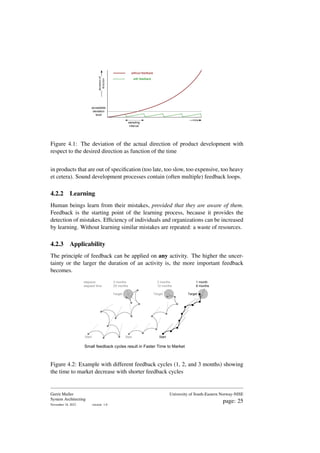 deviation
of
direction
without feedback
with feedback
acceptable
deviation
level
time
sampling
interval
Figure 4.1: The deviation of the actual direction of product development with
respect to the desired direction as function of the time
in products that are out of specification (too late, too slow, too expensive, too heavy
et cetera). Sound development processes contain (often multiple) feedback loops.
4.2.2 Learning
Human beings learn from their mistakes, provided that they are aware of them.
Feedback is the starting point of the learning process, because it provides the
detection of mistakes. Efficiency of individuals and organizations can be increased
by learning. Without learning similar mistakes are repeated: a waste of resources.
4.2.3 Applicability
The principle of feedback can be applied on any activity. The higher the uncer-
tainty or the larger the duration of an activity is, the more important feedback
becomes.
3 months
25 months
2 months
12 months
1 month
8 months
Start Start Start
Target Target Target
stepsize:
elapsed time
Small feedback cycles result in Faster Time to Market
Figure 4.2: Example with different feedback cycles (1, 2, and 3 months) showing
the time to market decrease with shorter feedback cycles
Gerrit Muller
System Architecting
November 18, 2023 version: 1.0
University of South-Eastern Norway-NISE
page: 25
 