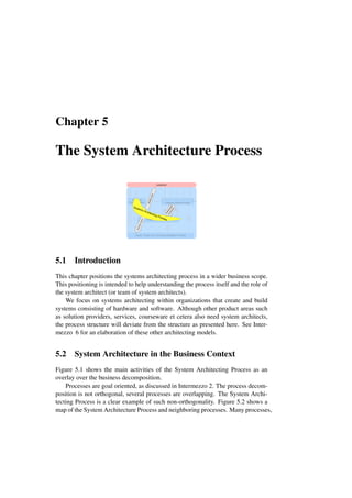 Chapter 5
The System Architecture Process
customer
Customer-Oriented Process
$$
sales logisticsproduction service
presales
Product Creation Process
People, Process, and Technology Management Process
Business
Drivers
Customer
Roadmap
Budget,
plan
Product
roadmap
Technology,
Process
and
People
roadmaps
Budgets
People
Technology
Process
Needs
and
Feedback
Technical
Product
Documentation
Product
related
processes
People
Technology
Process
Information
Order
Product
$$
Support
Product
Needs
and
feedback
C
o
n
te
x
t,
V
is
io
n
Policy and
Planning Process
R
e
a
li
ty
c
h
e
c
k
S
t
a
k
e
h
o
ld
e
r
in
t
e
r
a
c
t
io
n
Systems Architecting Process
material
5.1 Introduction
This chapter positions the systems architecting process in a wider business scope.
This positioning is intended to help understanding the process itself and the role of
the system architect (or team of system architects).
We focus on systems architecting within organizations that create and build
systems consisting of hardware and software. Although other product areas such
as solution providers, services, courseware et cetera also need system architects,
the process structure will deviate from the structure as presented here. See Inter-
mezzo 6 for an elaboration of these other architecting models.
5.2 System Architecture in the Business Context
Figure 5.1 shows the main activities of the System Architecting Process as an
overlay over the business decomposition.
Processes are goal oriented, as discussed in Intermezzo 2. The process decom-
position is not orthogonal, several processes are overlapping. The System Archi-
tecting Process is a clear example of such non-orthogonality. Figure 5.2 shows a
map of the System Architecture Process and neighboring processes. Many processes,
 