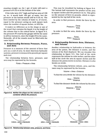 FORCE AREA x PRESSURE
	
AREA FORCE / PRESSURE
	
PRESSURE	 FORCE / AREA
(A)
	
(B)
	
(C)
standing straight up, the 1 gal. of water will exert a
pressure of 8.32 PSI at the bottom of the tube.
If the tube were 231" high and had an area of 100
sq. in., it would hold 100 gal. of water, but the
pressure at the bottom would still be 8.32 PSI. The
force exerted by the column of water is, of course,
equal to the pressure acting on each square inch
times the number of square inches, or 832 lbs.
It makes no difference as to the shape or size of
the vessel that contains the liquid; it is the height of
the column that is the critical factor. In figure 9-3,
the pressure (P) read by the gauges will be the same
in all four instances, since the height (H) is the same.
Naturally, all of the vessels must be filled with the
same liquid.
3. Relationship Between Pressure, Force,
and Area
Pressure is a measure of the amount of force that
acts on a unit of area. In most American hydraulic
systems, pressure is measured in pounds per square
inch (PSI).
The relationship between force, pressure, and
area may be expressed by the formula:
Force = Pressure x Area
This may be visualized by looking at figure 9-4.
The bottom half represents the product of the area
in square inches and the pressure in PSI. This gives
us the amount of force in pounds, which is repre-
sented by the top half of the circle.
In order to find pressure, divide the force by the
area:
Pressure =Force
Area
In order to find the area, divide the force by the
pressure:
Area = Force
Pressure
4. Relationship Between Area, Distance,
and Volume
Another relationship in hydraulics is between the
area of the piston, the distance it moves, and the
volume of the fluid displaced. We can visualize this
relationship in figure 9-5. One half of the circle
represents the volume in cubic inches, and the other
half of the circle the area in square inches and the
distance the piston moves in inches. Distance is also
known as stroke.
The relationship between volume, area, and dis-
tance may be expressed by the formula:
Volume = Area x Distance
To find the area divide the volume by the distance:
Area =
Volume
Distance
To find the distance divide the volume by the area:
Distance =
Volume
Area
Figure 9-3. Neither the shape nor the volume of a
container affects the pressure.
Figure 9-4. Relationship between area, pressure, and force.
122
Aircraft Technical Book Company
http://www.ACTechbooks.com
(800) 780-4115 (970) 887-2207
 