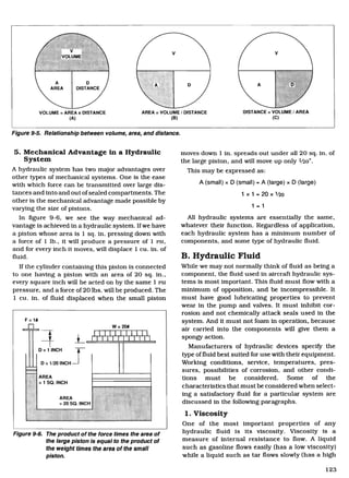 A
AREA DISTANCE
V
VOLUME
VOLUME = AREA x DISTANCE	 AREA = VOLUME / DISTANCE DISTANCE = VOLUME / AREA
(B)	 (C)
F 1#
n W = 20#
AREA
20 SO. INCH
llllllll
AREA
. 1 SO. INCH
D 1 INCH
-1D = 1/20 INCH
Figure 9-5. Relationship between volume, area, and distance.
5. Mechanical Advantage in a Hydraulic
System
A hydraulic system has two major advantages over
other types of mechanical systems. One is the ease
with which force can be transmitted over large dis-
tances and into and out of sealed compartments. The
other is the mechanical advantage made possible by
varying the size of pistons.
In figure 9-6, we see the way mechanical ad-
vantage is achieved in a hydraulic system. If we have
a piston whose area is 1 sq. in. pressing down with
a force of 1 lb., it will produce a pressure of 1 PSI,
and for every inch it moves, will displace 1 cu. in. of
fluid.
If the cylinder containing this piston is connected
to one having a piston with an area of 20 sq. in.,
every square inch will be acted on by the same 1 PSI
pressure, and a force of 20 lbs. will be produced. The
1 cu. in. of fluid displaced when the small piston
Figure 9-6. The product of the force times the area of
the large piston is equal to the product of
the weight times the area of the small
piston.
moves down 1 in. spreads out under all 20 sq. in. of
the large piston, and will move up only 1/2o".
This may be expressed as:
A (small) x D (small) = A (large) x D (large)
1 x 1 = 20 x 1/2o
1 = 1
All hydraulic systems are essentially the same,
whatever their function. Regardless of application,
each hydraulic system has a minimum number of
components, and some type of hydraulic fluid.
B. Hydraulic Fluid
While we may not normally think of fluid as being a
component, the fluid used in aircraft hydraulic sys-
tems is most important. This fluid must flow with a
minimum of opposition, and be incompressible. It
must have good lubricating properties to prevent
wear in the pump and valves. It must inhibit cor-
rosion and not chemically attack seals used in the
system. And it must not foam in operation, because
air carried into the components will give them a
spongy action.
Manufacturers of hydraulic devices specify the
type of fluid best suited for use with their equipment.
Working conditions, service, temperatures, pres-
sures, possibilities of corrosion, and other condi-
tions must be considered. Some of the
characteristics that must be considered when select-
ing a satisfactory fluid for a particular system are
discussed in the following paragraphs.
1. Viscosity
One of the most important properties of any
hydraulic fluid is its viscosity. Viscosity is a
measure of internal resistance to flow. A liquid
such as gasoline flows easily (has a low viscosity)
while a liquid such as tar flows slowly (has a high
123
Aircraft Technical Book Company
http://www.ACTechbooks.com
(800) 780-4115 (970) 887-2207
 