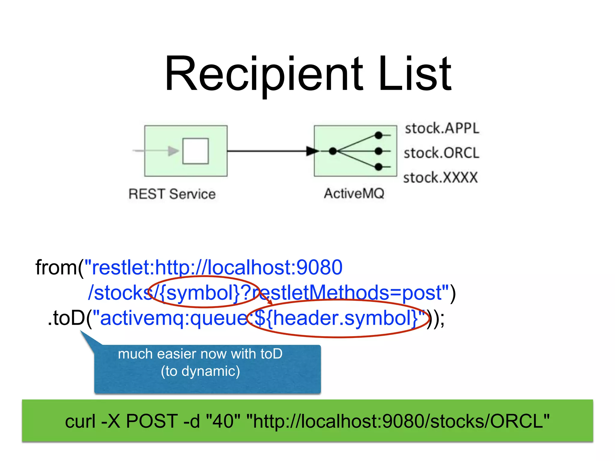 Recipient List
from("restlet:http://localhost:9080
/stocks/{symbol}?restletMethods=post")
.toD("activemq:queue:${header.symbol}"));
much easier now with toD
(to dynamic)
curl -X POST -d "40" "http://localhost:9080/stocks/ORCL"
 