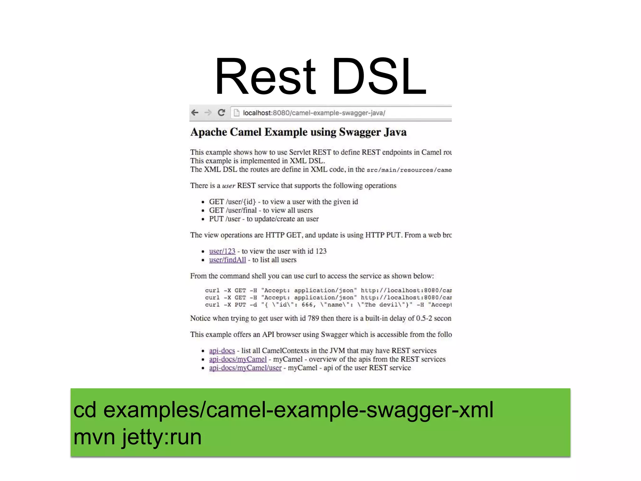 Rest DSL
cd examples/camel-example-swagger-xml
mvn jetty:run
 