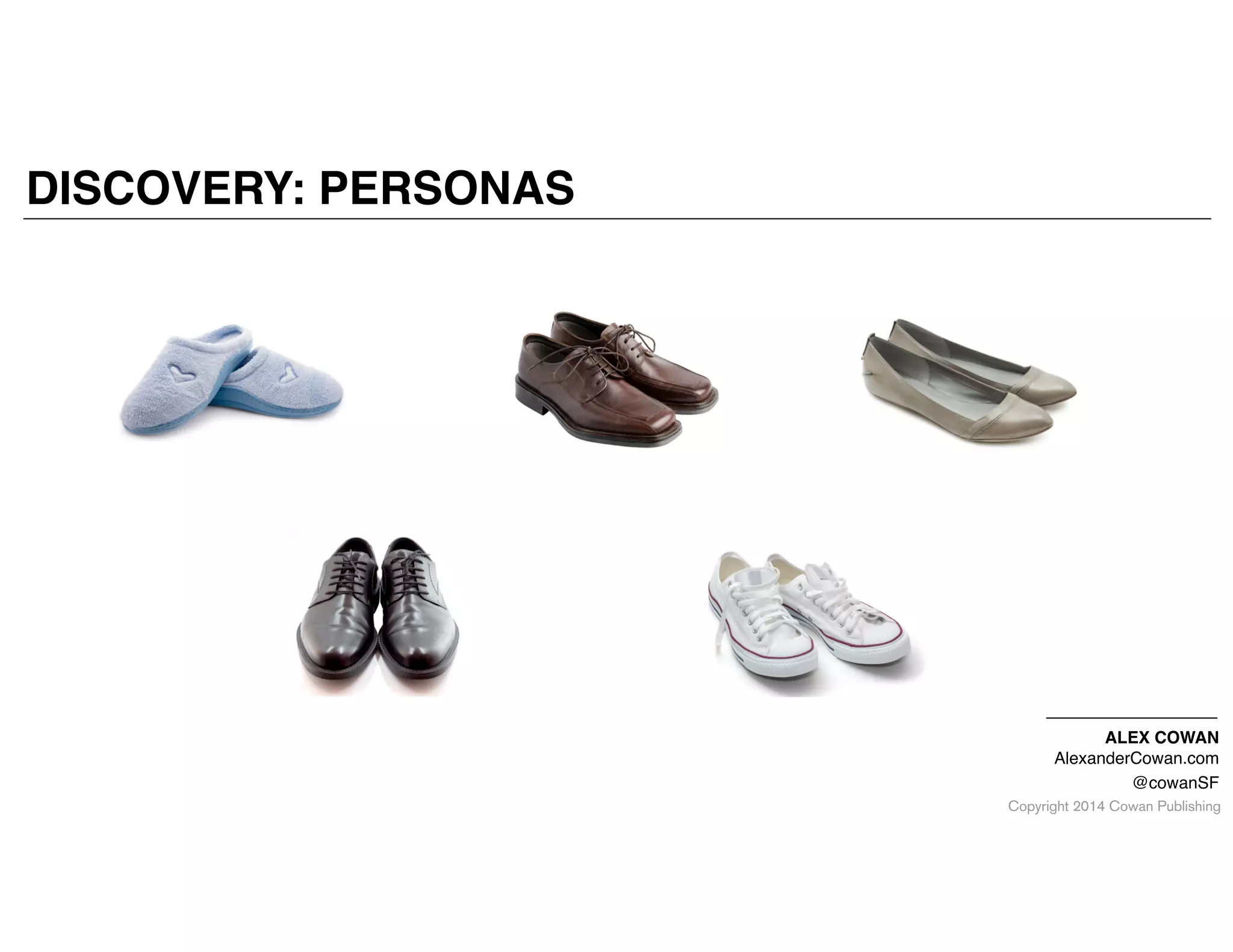 Copyright 2014 Cowan Publishing
ALEX COWAN!
AlexanderCowan.com!
@cowanSF
DISCOVERY: PERSONAS
 