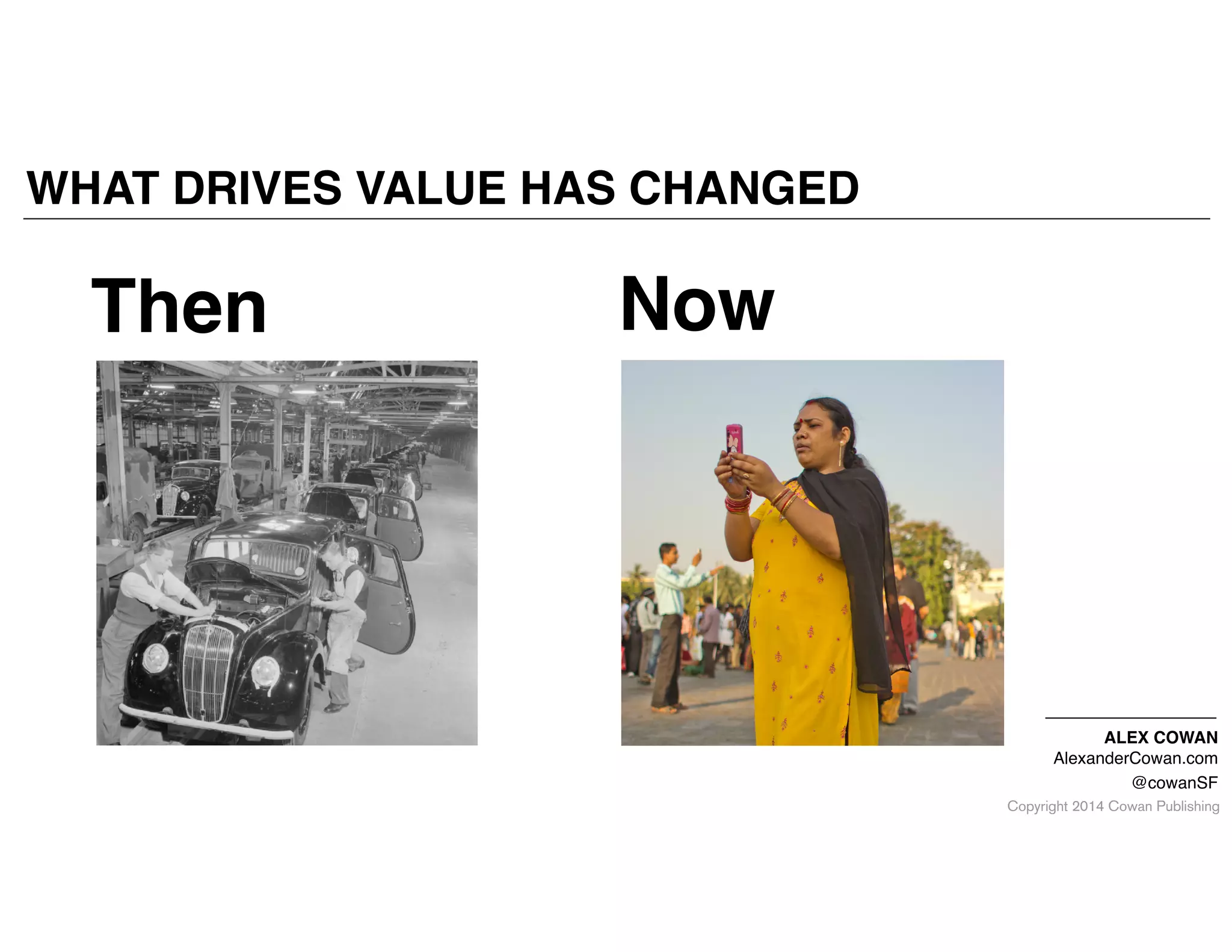 Copyright 2014 Cowan Publishing
ALEX COWAN"
AlexanderCowan.com!
@cowanSF
WHAT DRIVES VALUE HAS CHANGED
Then Now
 
