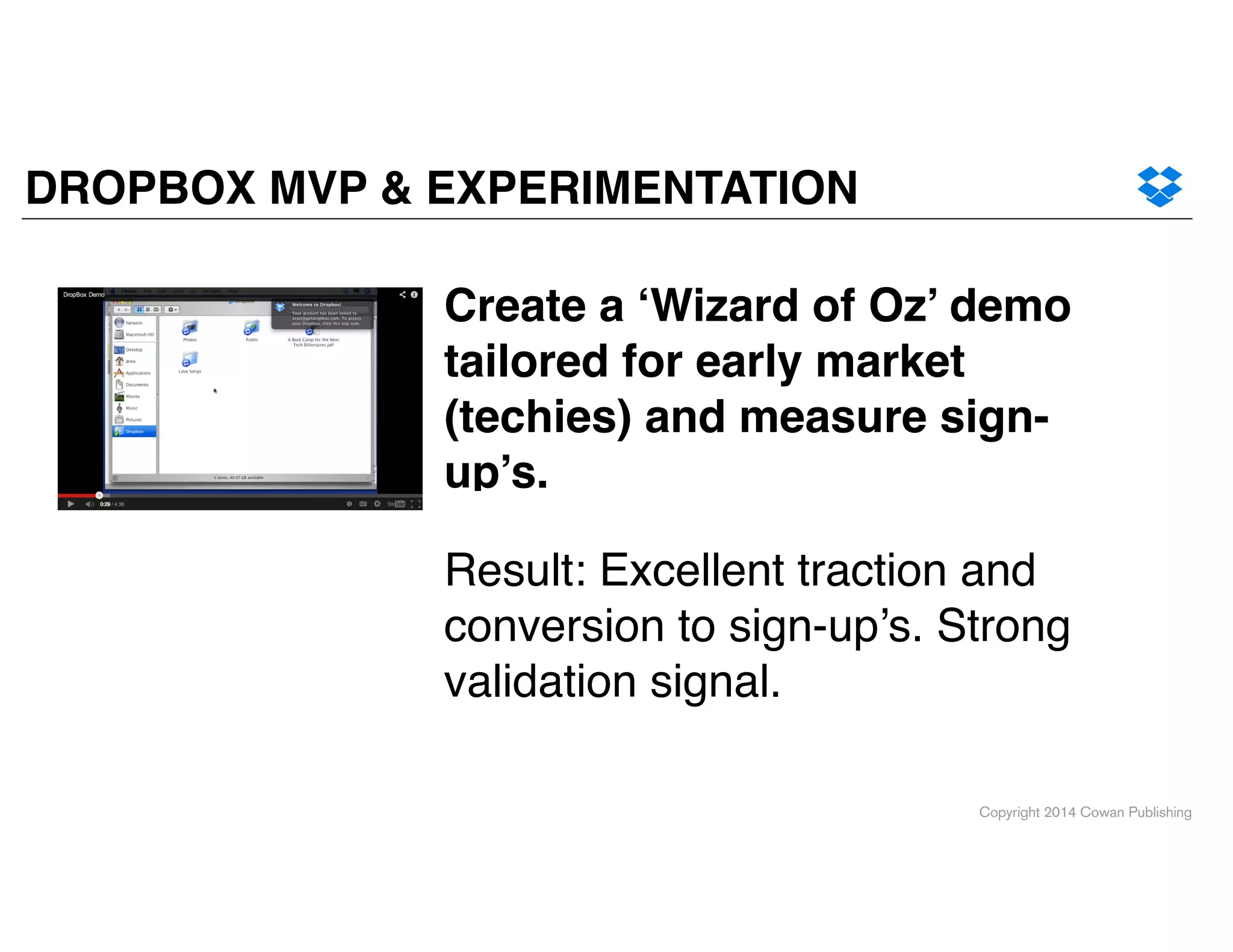 Copyright 2014 Cowan Publishing
DROPBOX MVP & EXPERIMENTATION
Result: Excellent traction and
conversion to sign-up’s. Strong
validation signal.
Create a ‘Wizard of Oz’ demo
tailored for early market
(techies) and measure sign-
up’s.
 