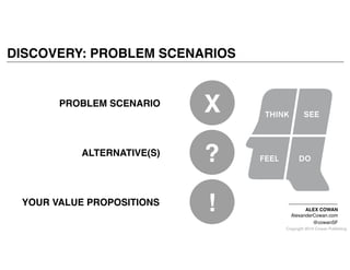 Copyright 2014 Cowan Publishing
DISCOVERY: PROBLEM SCENARIOS
ALEX COWAN!
AlexanderCowan.com!
@cowanSF
YOUR VALUE PROPOSITIONS
!
ALTERNATIVE(S)
?
PROBLEM SCENARIO
X
 
