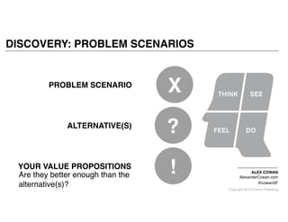 Copyright 2014 Cowan Publishing
DISCOVERY: PROBLEM SCENARIOS
ALEX COWAN!
AlexanderCowan.com!
@cowanSF
YOUR VALUE PROPOSITIONS
!
ALTERNATIVE(S)
?
PROBLEM SCENARIO
X
Are they better enough than the
alternative(s)?
 