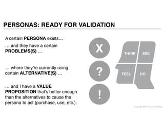Copyright 2014 Cowan Publishing
… and they have a certain
PROBLEMS(S) …
… where they’re currently using
certain ALTERNATIVE(S) …
… and I have a VALUE
PROPOSITION that’s better enough
than the alternatives to cause the
persona to act (purchase, use, etc.).
A certain PERSONA exists…
PERSONAS: READY FOR VALIDATION
!
?
X
 