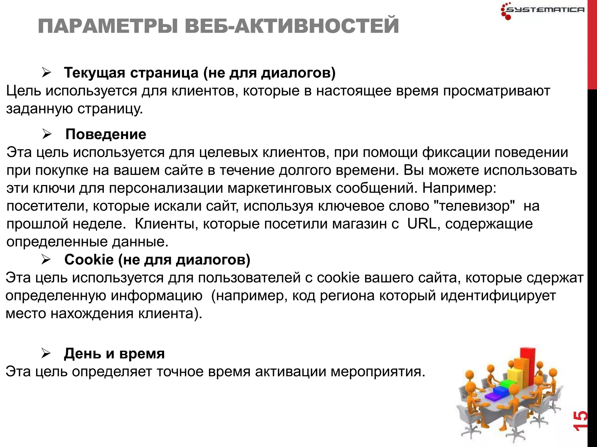 ПАРАМЕТРЫ ВЕБ-АКТИВНОСТЕЙ

     Текущая страница (не для диалогов)
Цель используется для клиентов, которые в настоящее время просматривают
заданную страницу.
      Поведение
Эта цель используется для целевых клиентов, при помощи фиксации поведении
при покупке на вашем сайте в течение долгого времени. Вы можете использовать
эти ключи для персонализации маркетинговых сообщений. Например:
посетители, которые искали сайт, используя ключевое слово "телевизор" на
прошлой неделе. Клиенты, которые посетили магазин с URL, содержащие
определенные данные.
      Cookie (не для диалогов)
Эта цель используется для пользователей с cookie вашего сайта, которые сдержат
определенную информацию (например, код региона который идентифицирует
место нахождения клиента).

      День и время
Эта цель определяет точное время активации мероприятия.




                                                                            15
 