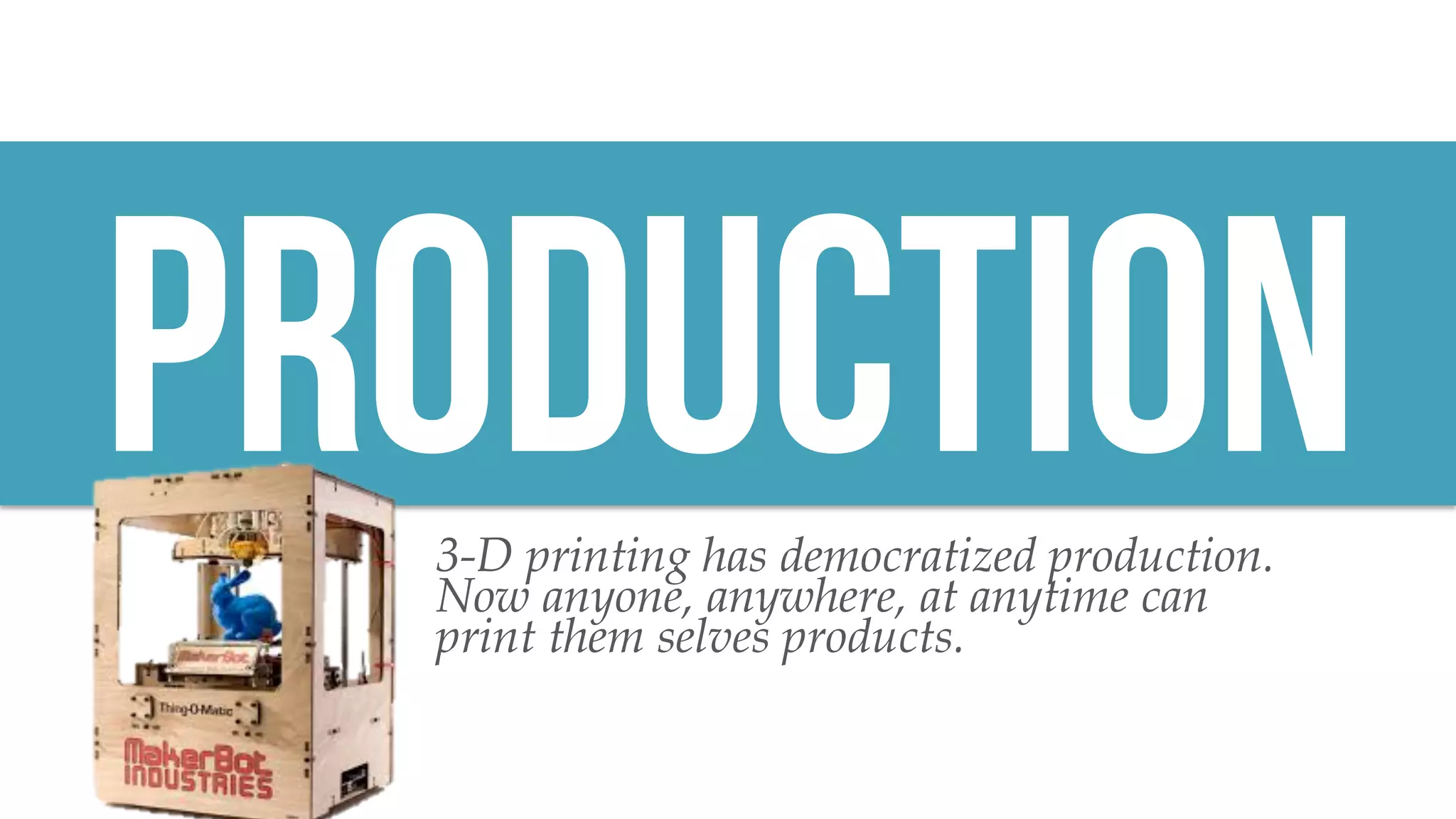 @msweezey
Production3-D printing has democratized production.
Now anyone, anywhere, at anytime can
print them selves products.
 