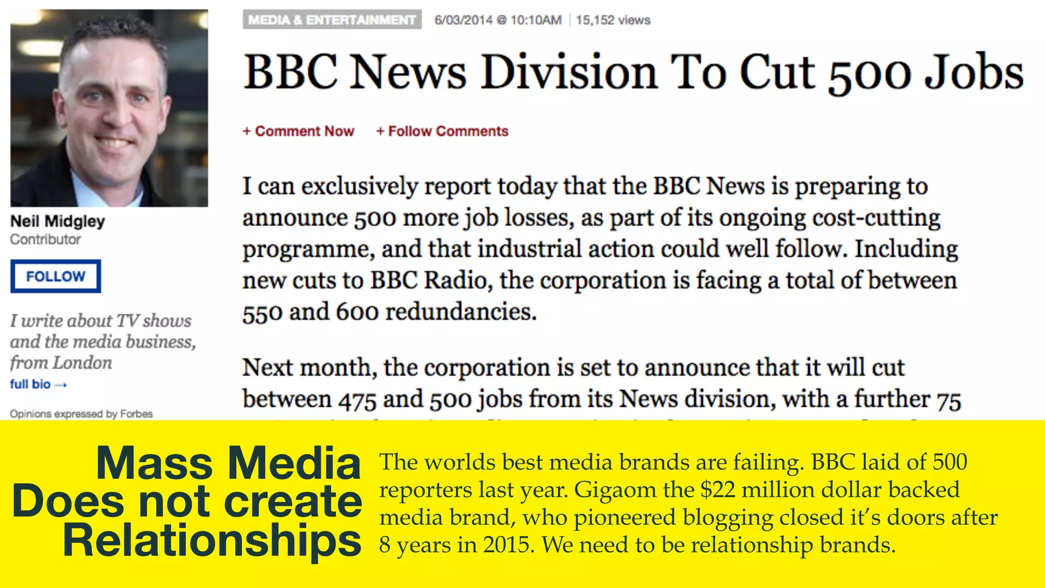 @msweezey
Mass Media
Does not create
Relationships
The worlds best media brands are failing. BBC laid of 500
reporters last year. Gigaom the $22 million dollar backed
media brand, who pioneered blogging closed it’s doors after
8 years in 2015. We need to be relationship brands.
 