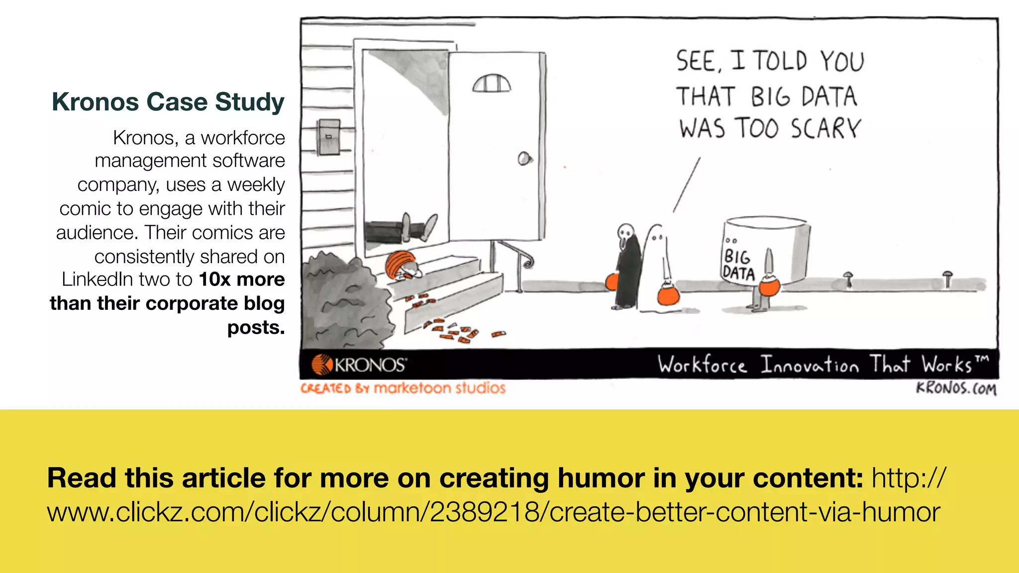@msweezey
Read this article for more on creating humor in your content: http://
www.clickz.com/clickz/column/2389218/create-better-content-via-humor
Kronos Case Study
Kronos, a workforce
management software
company, uses a weekly
comic to engage with their
audience. Their comics are
consistently shared on
LinkedIn two to 10x more
than their corporate blog
posts.
 