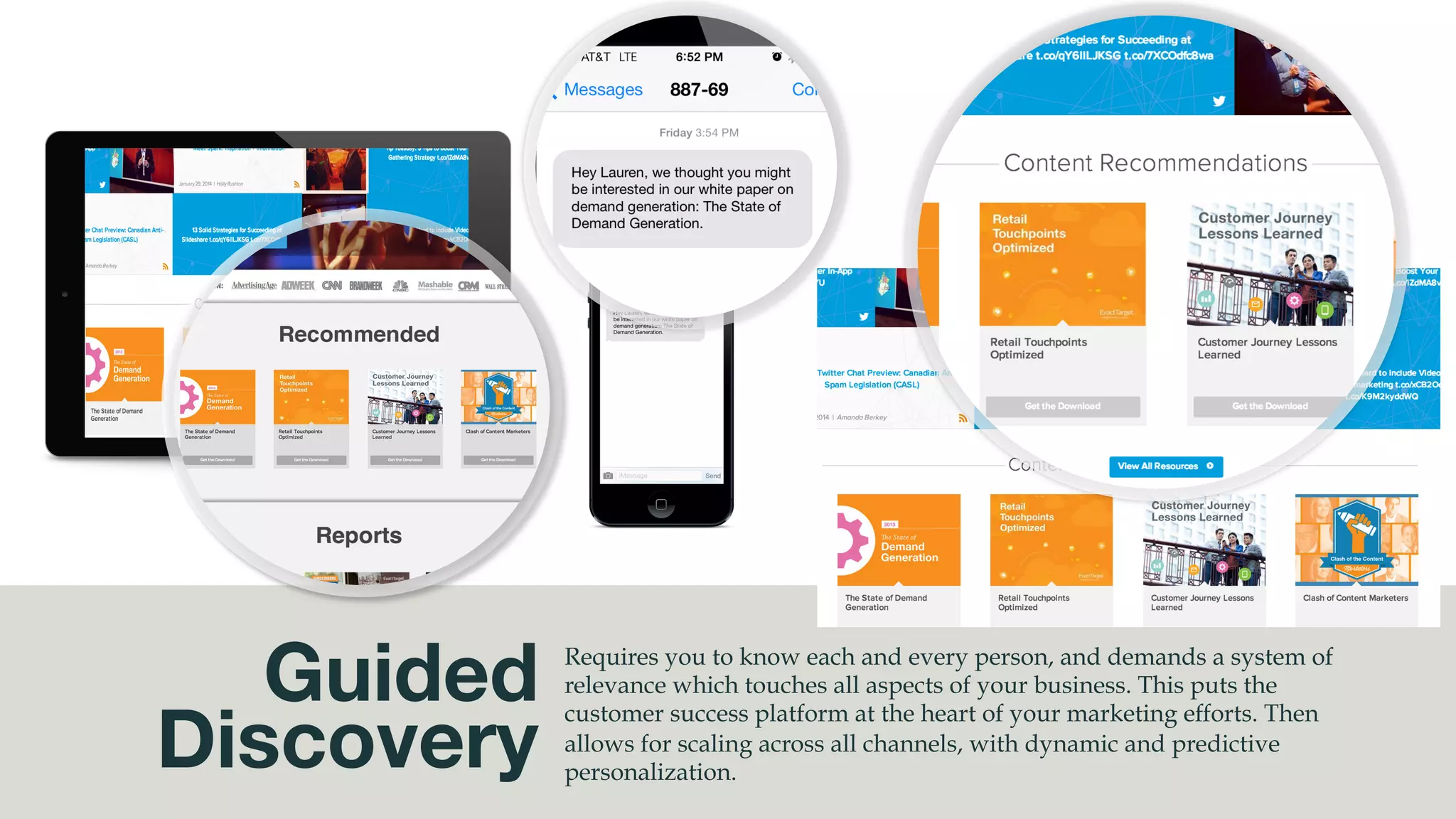 @msweezey
Guided
Discovery
Requires you to know each and every person, and demands a system of
relevance which touches all aspects of your business. This puts the
customer success platform at the heart of your marketing efforts. Then
allows for scaling across all channels, with dynamic and predictive
personalization.
 