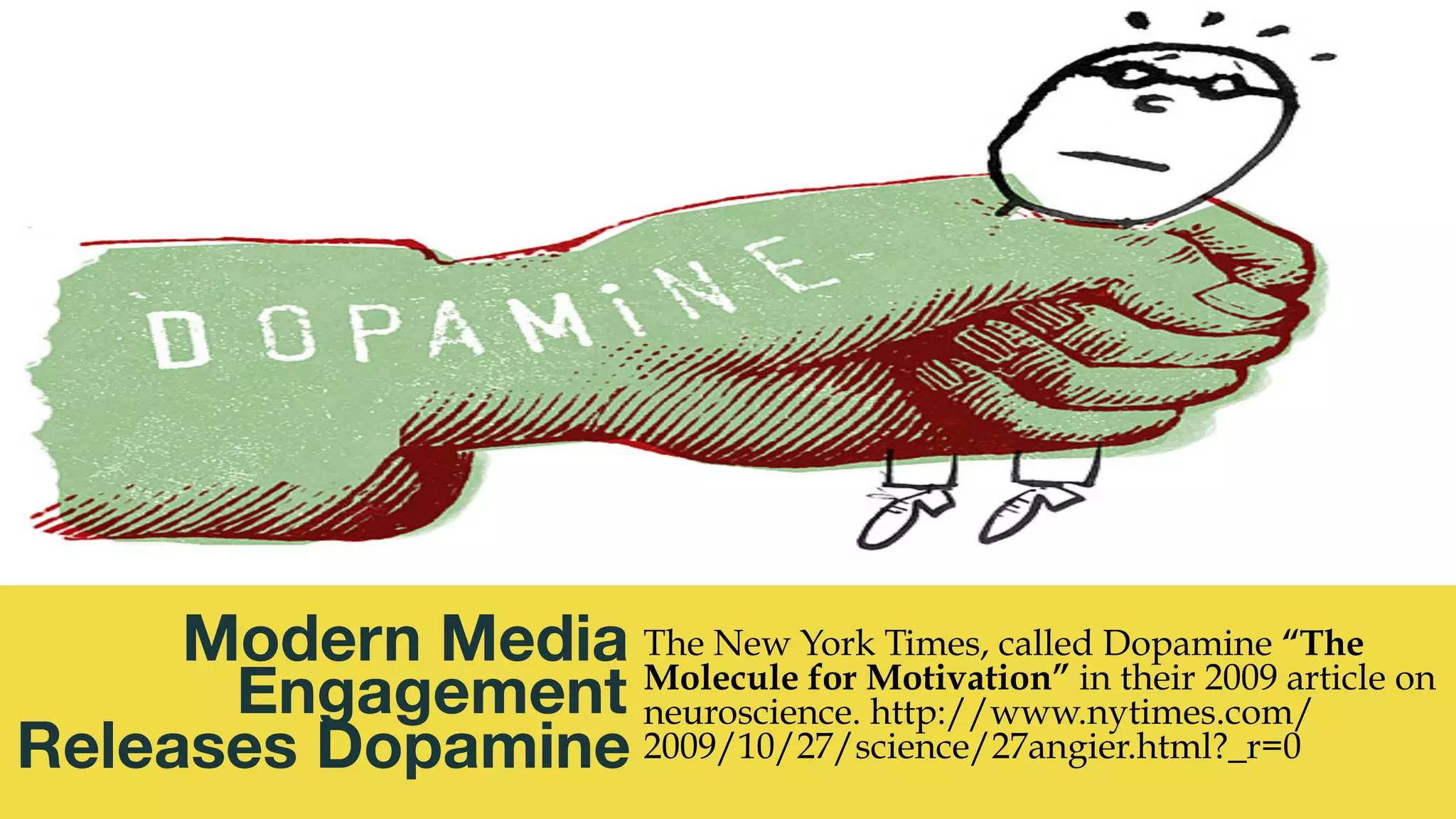 @msweezey
Modern Media
Engagement
Releases Dopamine
The New York Times, called Dopamine “The
Molecule for Motivation” in their 2009 article on
neuroscience. http://www.nytimes.com/
2009/10/27/science/27angier.html?_r=0
 