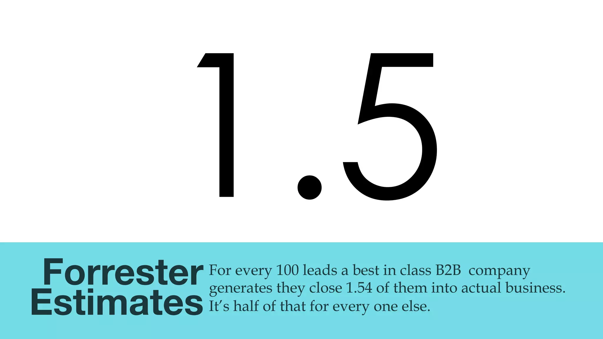 @msweezey
Forrester
Estimates
For every 100 leads a best in class B2B company
generates they close 1.54 of them into actual business.
It’s half of that for every one else.
1.5
 