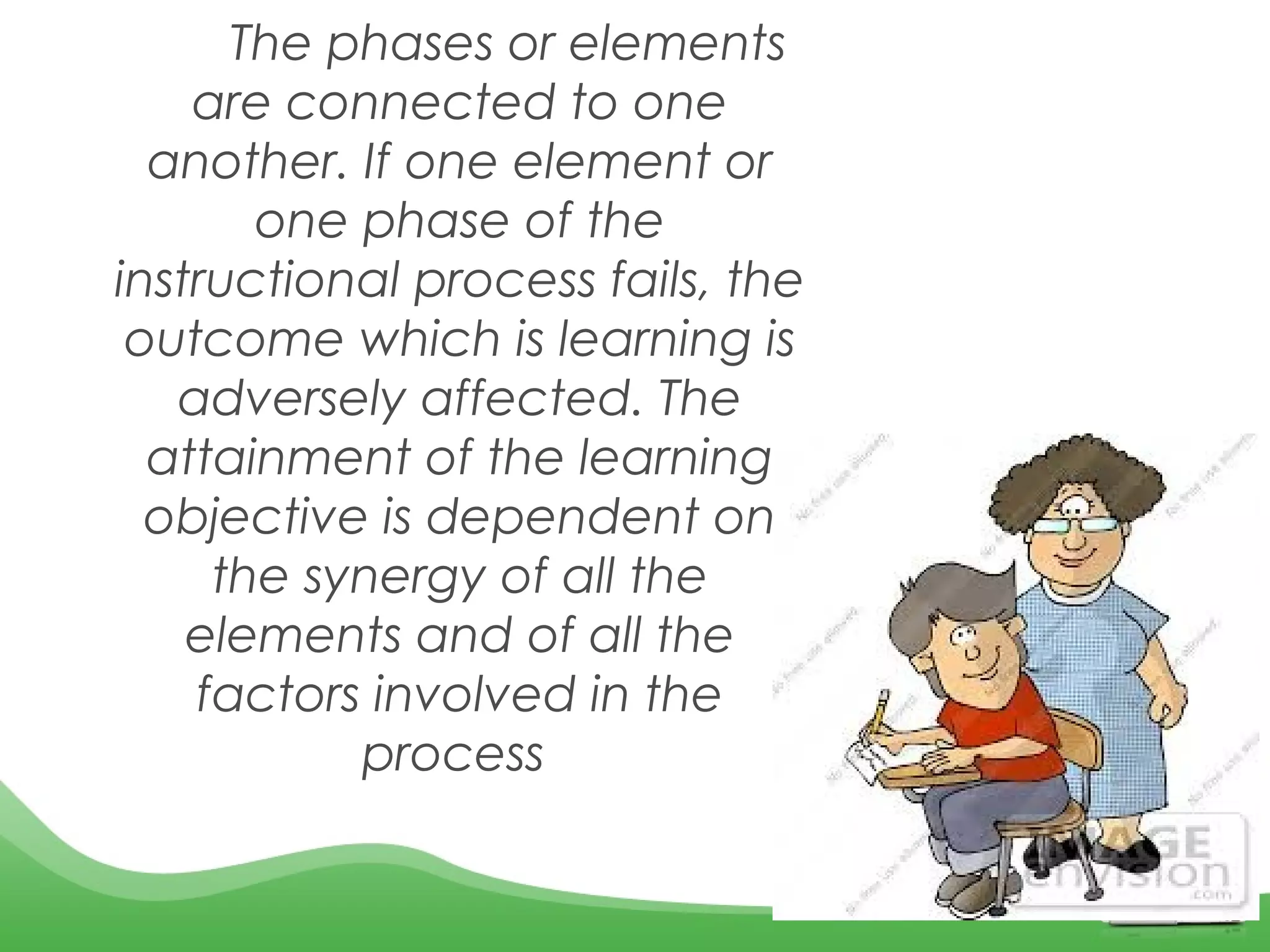        The phases or elements
are connected to one
another. If one element or
one phase of the
instructional process fails, the
outcome which is learning is
adversely affected. The
attainment of the learning
objective is dependent on
the synergy of all the
elements and of all the
factors involved in the
process
 
