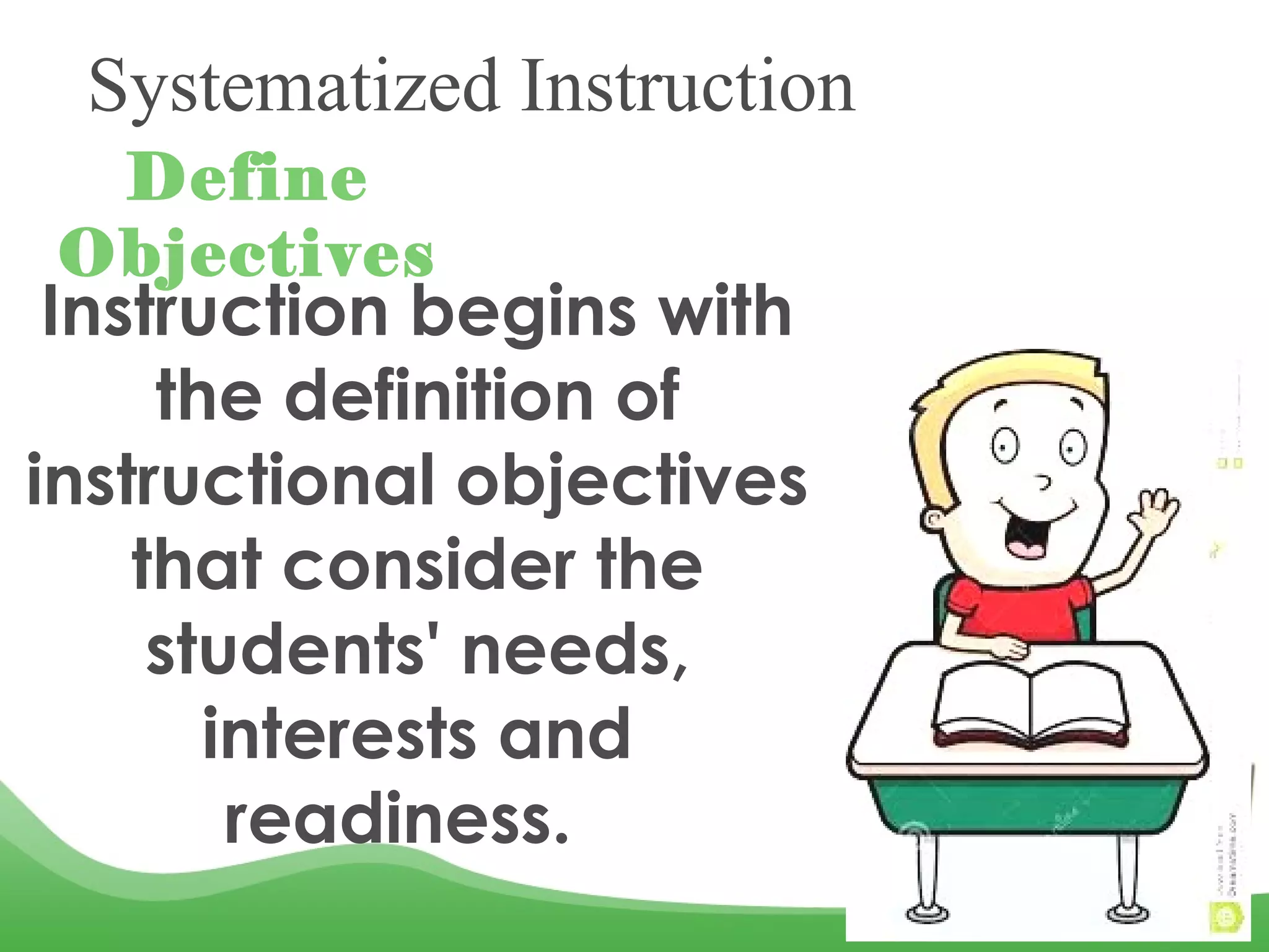 Systematized Instruction
Define
Objectives
Instruction begins with
the definition of
instructional objectives
that consider the
students' needs,
interests and
readiness. 
 