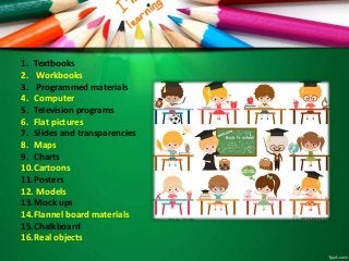 1. Textbooks
2. Workbooks
3. Programmed materials
4. Computer
5. Television programs
6. Flat pictures
7. Slides and transparencies
8. Maps
9. Charts
10.Cartoons
11.Posters
12. Models
13.Mock ups
14.Flannel board materials
15.Chalkboard
16.Real objects
 