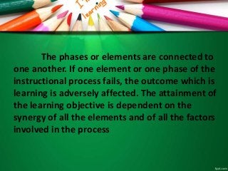 The phases or elements are connected to
one another. If one element or one phase of the
instructional process fails, the outcome which is
learning is adversely affected. The attainment of
the learning objective is dependent on the
synergy of all the elements and of all the factors
involved in the process
 