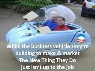 While the business vehicle they’re
building to make & market
The New Thing They Do
just isn’t up to the job
 