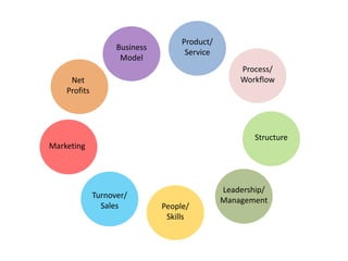 Product/
Service
Process/
Workflow
Leadership/
Management
Business
Model
People/
Skills
Marketing
Turnover/
Sales
Net
Profits
Structure
 