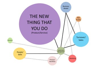 THE NEW
THING THAT
YOU DO
(Product/Service)
Process/
Workflow
Structure
Leadership/
Management
Business
Model
People/
Skills
Marketing
Turnover/
Sales
Net
Profits
 