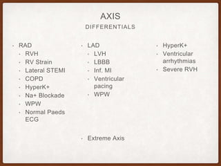 DIFFERENTIALS
AXIS
• RAD
• RVH
• RV Strain
• Lateral STEMI
• COPD
• HyperK+
• Na+ Blockade
• WPW
• Normal Paeds
ECG
• LAD
• LVH
• LBBB
• Inf. MI
• Ventricular
pacing
• WPW
• Extreme Axis
• HyperK+
• Ventricular
arrhythmias
• Severe RVH
 