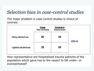 Selection bias in case-control studies
The major problem in case-control studies is choice of
controls.
How representative are hospitalised trauma patients of the
population which gave rise to the cases? Is OR under- or
overestimated?
Cases
liver cirrhosis
Controls A
trauma ward
80 40
20 60
Heavy alcohol use
OR=6
Light/no alcoholuse
 