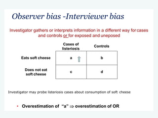 Observer bias -Interviewer bias
Investigator gathers or interprets information in a different way for cases
and controls or for exposed and uneposed
Cases of
listeriosis
Controls
Eats soft cheese a b
Does not eat
soft cheese
c d
Investigator may probe listeriosis cases about consumption of soft cheese
• Overestimation of “a”  overestimation of OR
 