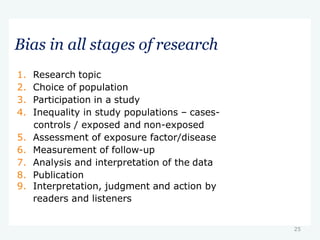 25
Bias in all stages of research
1. Research topic
2. Choice of population
3. Participation in a study
4. Inequality in study populations – cases-
controls / exposed and non-exposed
5. Assessment of exposure factor/disease
6. Measurement of follow-up
7. Analysis and interpretation of the data
8. Publication
9. Interpretation, judgment and action by
readers and listeners
 