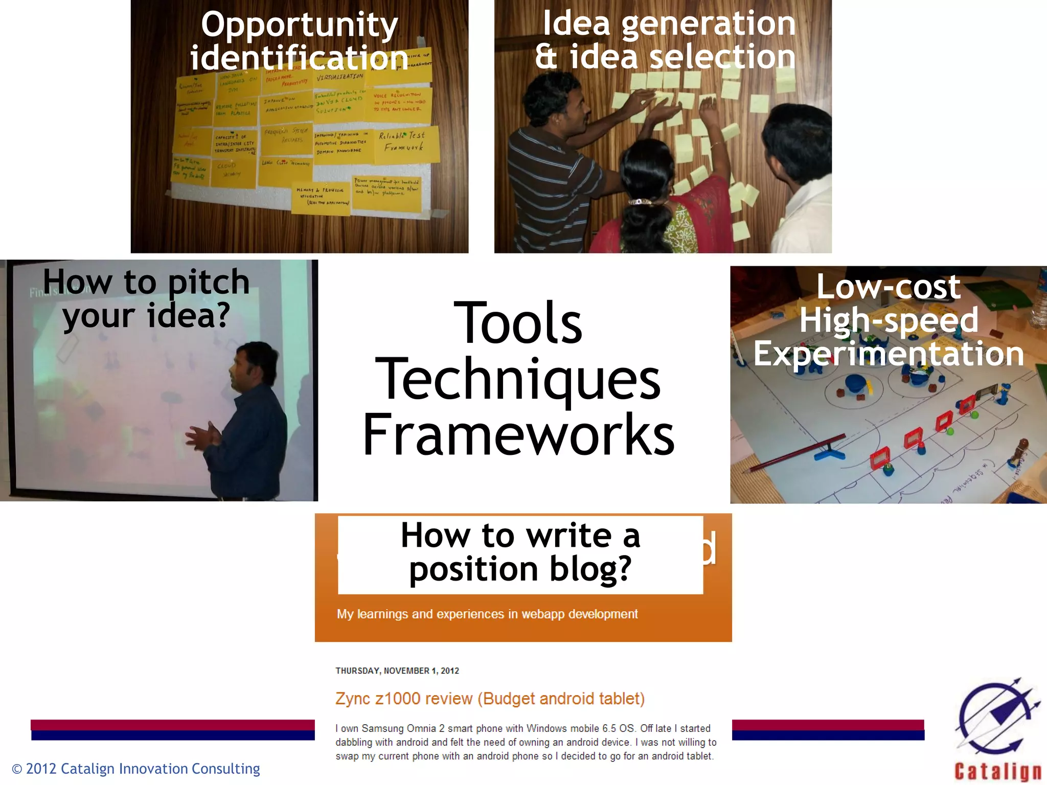Opportunity                      Idea generation
                          identification                    & idea selection




    How to pitch                                                            Low-cost
     your idea?                            Tools                           High-speed
                                                                         Experimentation
                                        Techniques
                                        Frameworks
                                         How to write a
                                         position blog?




© 2012 Catalign Innovation Consulting    www.catalign.com
 