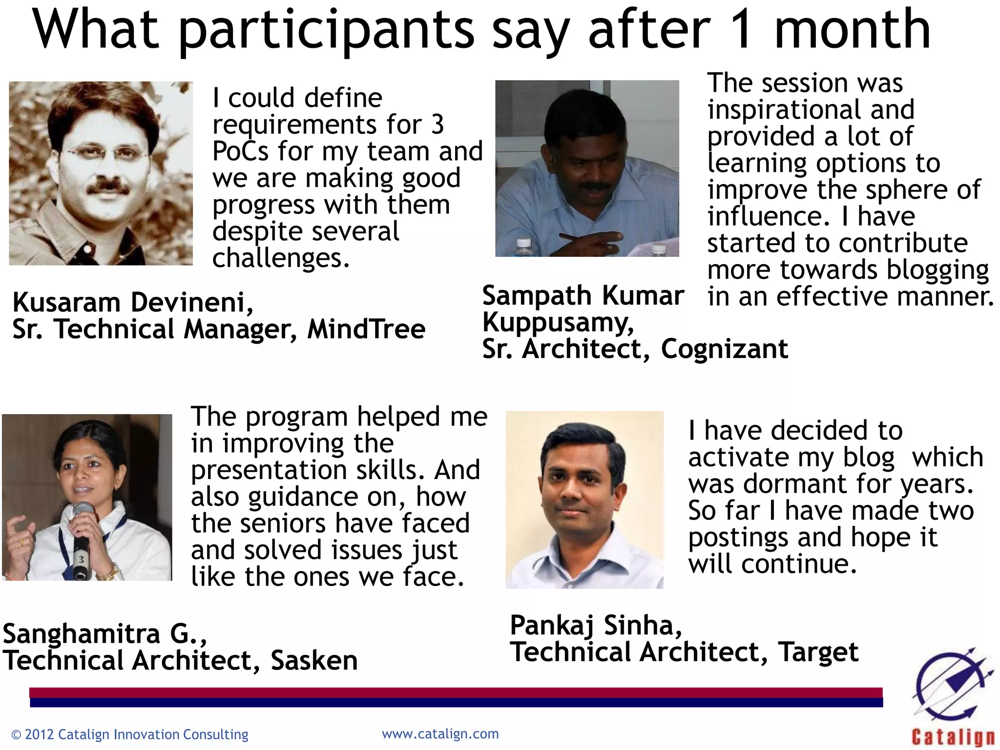What participants say after 1 month
                                                      The session was
                I could define                        inspirational and
                requirements for 3                    provided a lot of
                PoCs for my team and                  learning options to
                we are making good                    improve the sphere of
                progress with them                    influence. I have
                despite several                       started to contribute
                challenges.                           more towards blogging
Kusaram Devineni,                   Sampath Kumar in an effective manner.
Sr. Technical Manager, MindTree     Kuppusamy,
                                    Sr. Architect, Cognizant

                           The program helped me
                           in improving the                               I have decided to
                           presentation skills. And                       activate my blog which
                           also guidance on, how                          was dormant for years.
                           the seniors have faced                         So far I have made two
                           and solved issues just                         postings and hope it
                           like the ones we face.                         will continue.

Sanghamitra G.,                                              Pankaj Sinha,
Technical Architect, Sasken                                  Technical Architect, Target

© 2012 Catalign Innovation Consulting     www.catalign.com
 