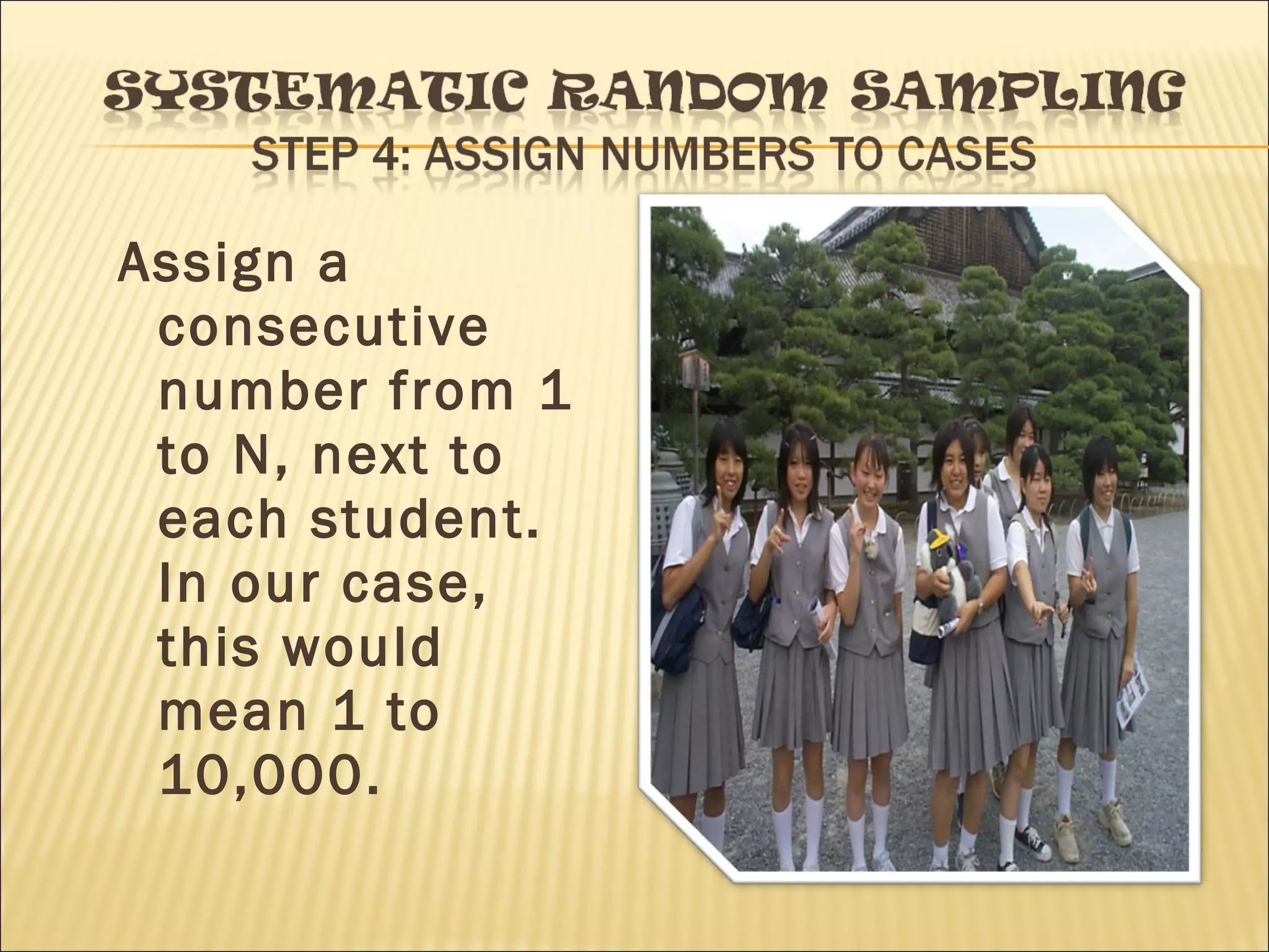 Assign a
consecutive
number from 1
to N, next to
each student.
In our case,
this would
mean 1 to
10,000.