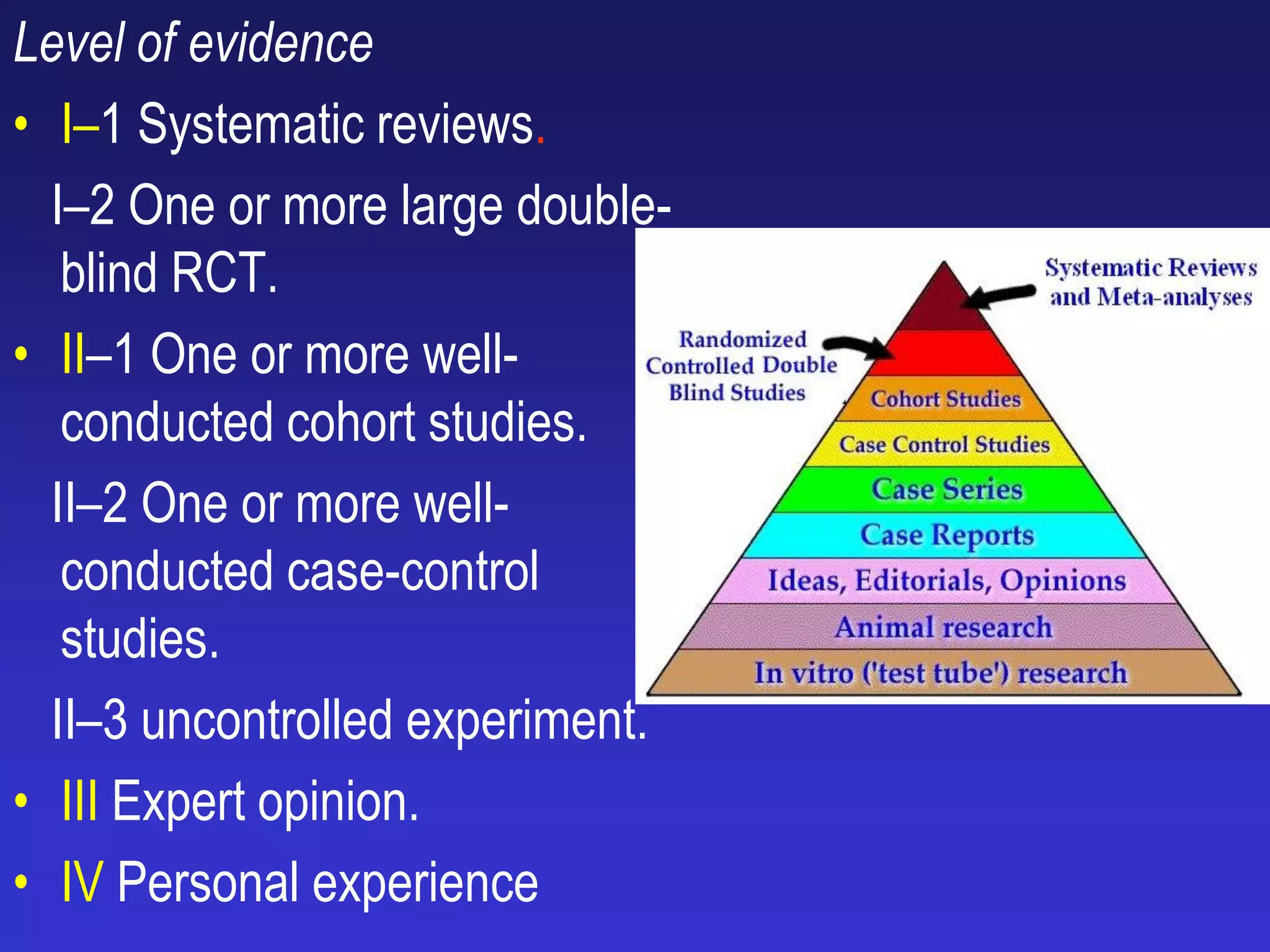 Level of evidence
• I–1 Systematic reviews.
I–2 One or more large double-
blind RCT.
• II–1 One or more well-
conducted cohort studies.
II–2 One or more well-
conducted case-control
studies.
II–3 uncontrolled experiment.
• III Expert opinion.
• IV Personal experience
 