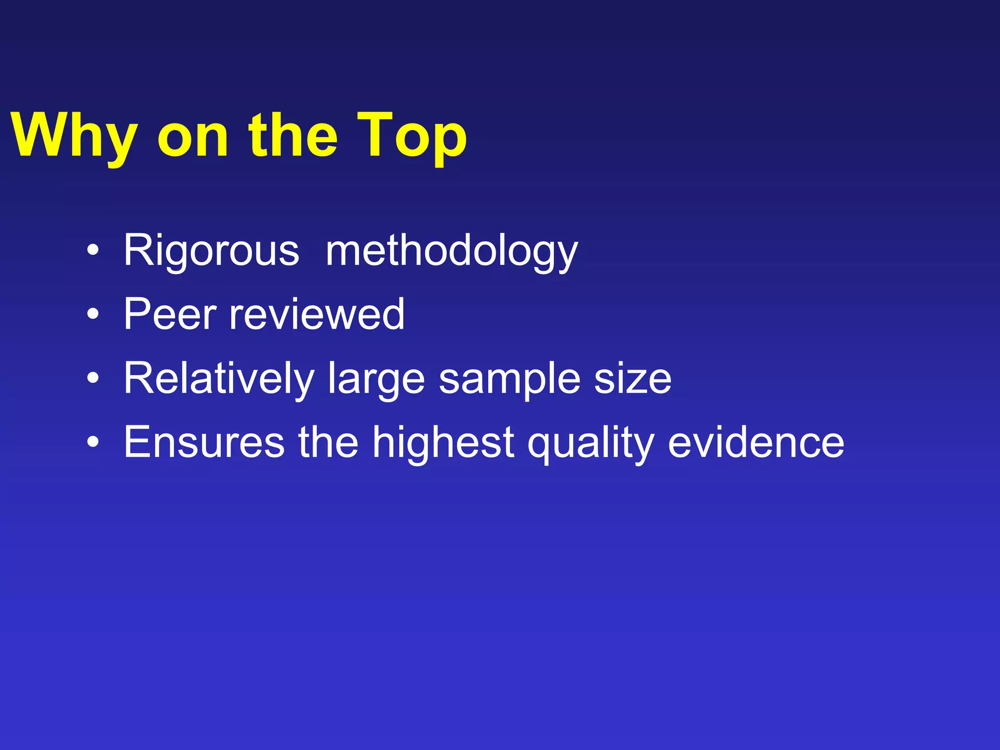 Why on the Top
• Rigorous methodology
• Peer reviewed
• Relatively large sample size
• Ensures the highest quality evidence
 