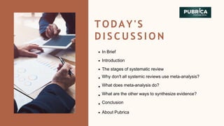 TODAY'S
D I S C U S S I O N
In Brief
Introduction
The stages of systematic review
Why don't all systemic reviews use meta-analysis?
What does meta-analysis do?
What are the other ways to synthesize evidence?
Conclusion
About Pubrica
 