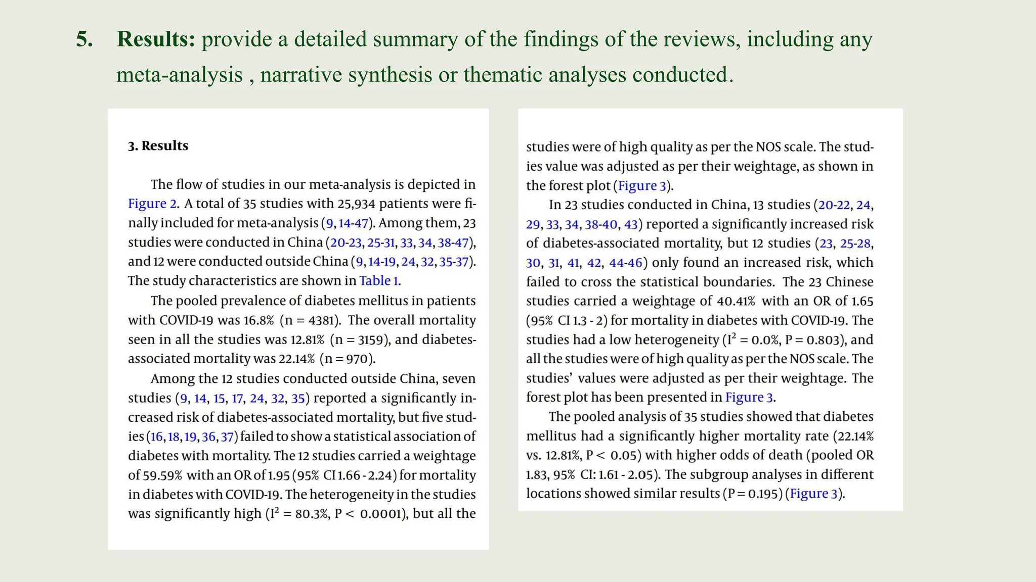 5. Results: provide a detailed summary of the findings of the reviews, including any
meta-analysis , narrative synthesis or thematic analyses conducted.
 