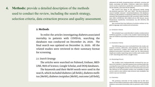 4. Methods: provide a detailed description of the methods
used to conduct the review, including the search strategy,
selection criteria, data extraction process and quality assessment.
 