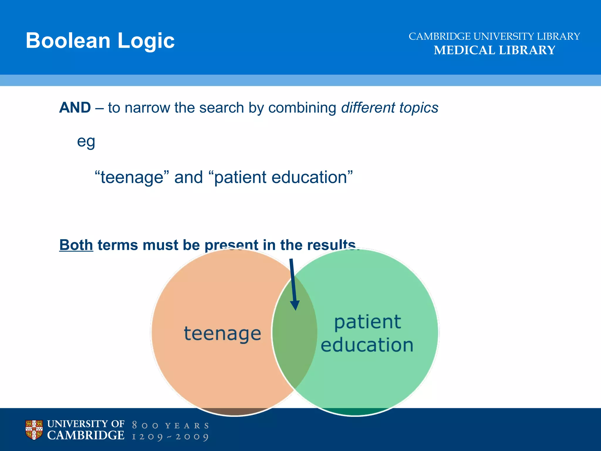 Boolean Logic

CAMBRIDGE UNIVERSITY LIBRARY

MEDICAL LIBRARY

AND – to narrow the search by combining different topics

eg

“teenage” and “patient education”

Both terms must be present in the results.

 
